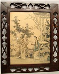 Set of 2 Grisaille Style Asian Ink Drawings Framed In Matching Latice Cutout Woo